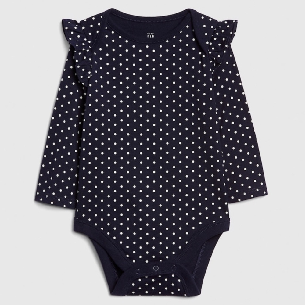 Baby Gap navy and white polka dot ruffled bodysuit